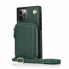 Green phone case with a zipper and strap on a white background