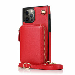 Red phone case with a strap on a white background