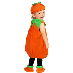 Child wearing a pumpkin costume with an orange dress, green leaves, and hat on a white background