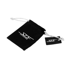 Black drawstring bag with a logo on a white background