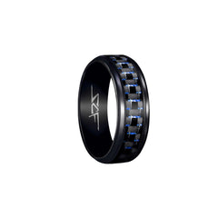 Black ring with carbon fiber inlay on a white background