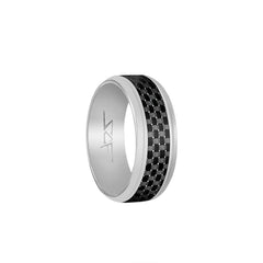 Silver ring with black carbon fiber inlay on a white background