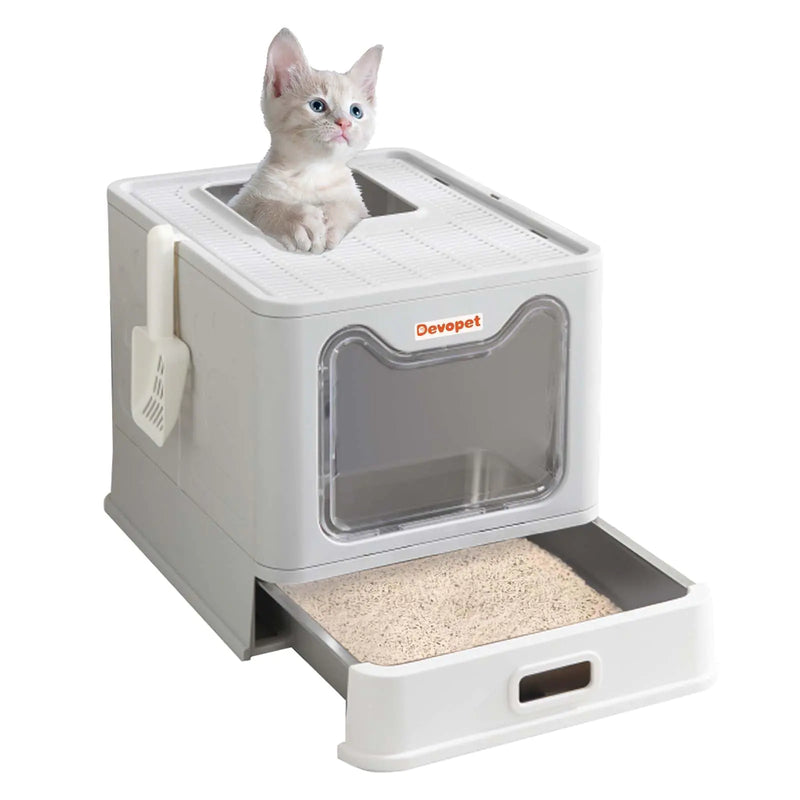 Cat using a Devopet litter box on a white background
