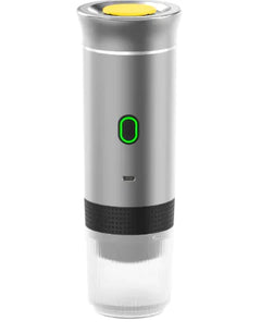 Silver electric coffee maker with a yellow cap on a white background