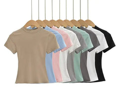 Row of plain t-shirts in various colors on hangers against a white background