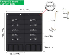 Black file organizer with dimensions and measurements displayed