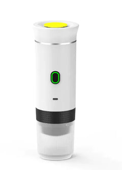 White electric coffee maker with a yellow top and green button on a white background